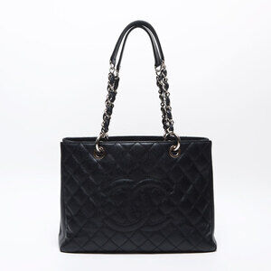 CHANEL GST Caviar Leather Matelasse Shoulder Bag with Silver Hardware, Black,...